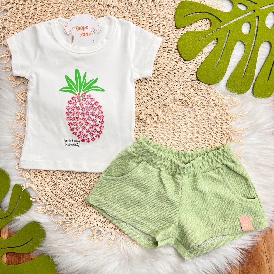 Conj. Blusa Abacaxi Floral e Short em Linho - Off White e Verde